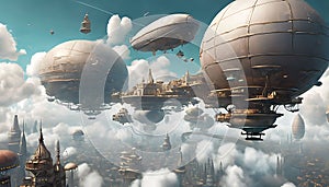 A Floating City in the Clouds: Airships Docking in a Futuristic Science Fiction Sky