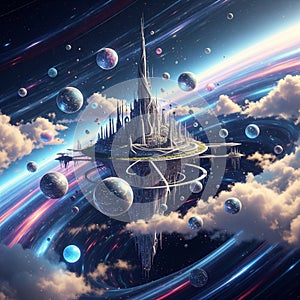 A floating city materializes inside a space-time vortex