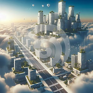 A floating city with streets made of clouds, where residents ca photo