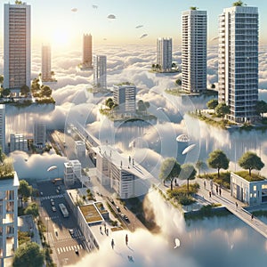 A floating city with streets made of clouds, where residents ca photo