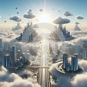 A floating city with streets made of clouds, where residents ca photo