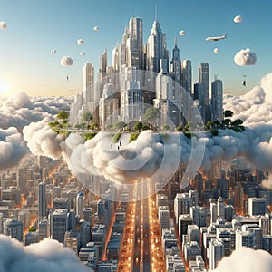 A floating city with streets made of clouds, where residents ca photo