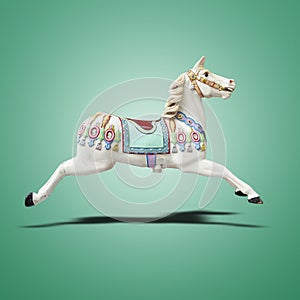 Floating classic carousel horse.on green gradient