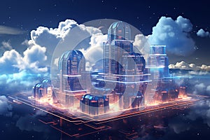 Floating Cloud City. A Futuristic Illustration of Cloud Computing