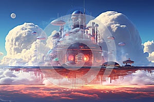 Floating Cloud City. A Futuristic Illustration of Cloud Computing