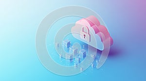 Floating cloud with a lock icon representing secure digital storage and cloud computing. Concept of encrypted online
