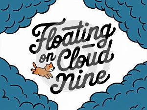 Floating on Cloud Nine - Illustration of a Happy Cat Drifting Amidst Fluffy Clouds