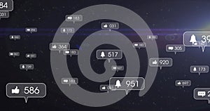 Floating cluster of HUD bubbles drifting across starry space flare, showing like and bell counts