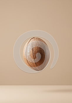 Floating coconut on beige background.