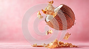 Floating coconut with shell on pink background