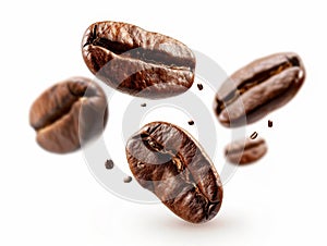 Floating coffee beans isolated on a white background.