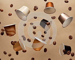 Floating coffee capsules with coffee beans photo