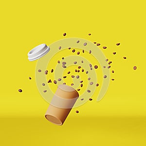 Floating coffee cup flying beans explosion yellow background 3D render. Brown paper cup branding design template mockup
