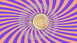 Floating coffee cup Hot drink stop motion animation sunburst background 4K