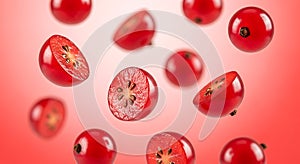 Floating Cranberries on Red Background