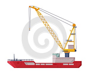 Floating Crane, Industrial Ship, Cargo Transportation Service Vehicle Flat Vector Illustration