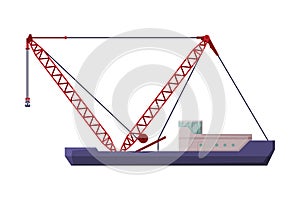 Floating Crane, Industrial Ship, Cargo Transportation Service Vehicle, Side View Flat Vector Illustration