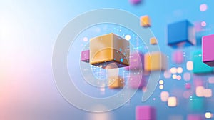 Floating 3D cubes and colorful graphs representing data visualization