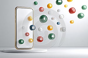 Floating 3D Phone Icons Surround a Blank Smartphone in a Minimalistic Setting