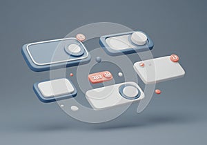 Floating 3D UI elements in a minimalistic style. Features blue and white rounded