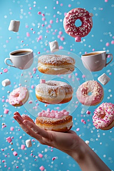Floating desserts in a magical display: Colorful donuts and marshmallows with coffee on a blue background