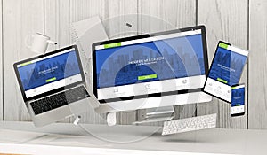 floating devices at the office with modern web designon screen