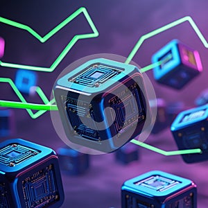Floating digital cubes with circuit patterns are interconnected by glowing green lines, representing blockchain technology