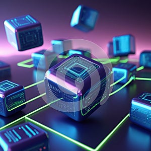 Floating digital cubes with circuit patterns are interconnected by glowing green lines, representing blockchain technology