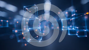 Floating digital cubes network representing blockchain data structure and decentralized technology concept.
