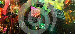 Floating digital cubes in vibrant colors representing advanced technology and data processing