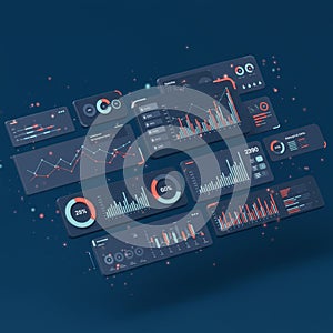 Floating digital dashboard displaying various data visualizations, including bar graph