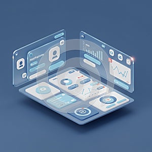 A floating digital dashboard with transparent interfaces displaying various data