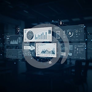 Floating digital dashboards display various analytics and data visualizations on a dark