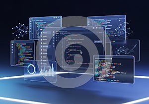 Floating digital screens display colorful code