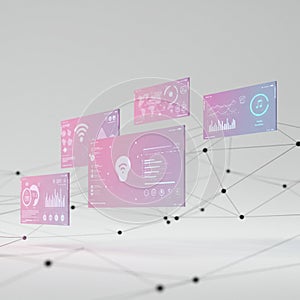 Floating digital screens display various data visualizations, including graphs, charts,