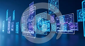 Floating digital screens displaying financial charts and data visualizations graphs analytics