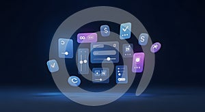 Floating digital user interface elements on a dark blue background.