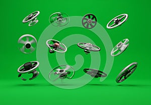 Floating disks with various designs hover against a vibrant green background. These
