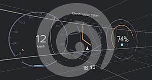 Floating display showing speed gauge, navigation map, battery icon and clock in cockpit grid lines