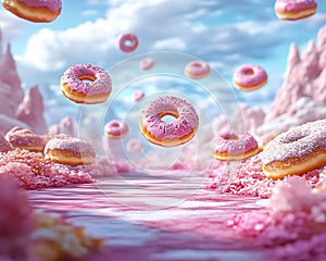 Floating donuts in a candy-colored landscape photo