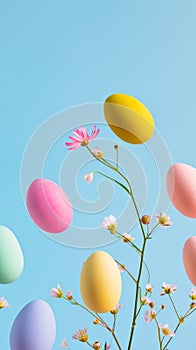 Floating Easter Eggs Over Spring Flowers. Easter background