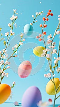 Floating Easter Eggs Over Spring Flowers. Easter background