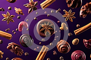 Floating exotic spices on purple background