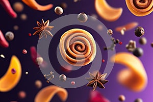 Floating exotic spices on purple background