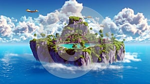 Floating fantasy island with green trees and grass waterfalls with clouds. flying heaven land