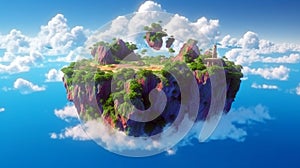 Floating fantasy island with green trees and grass waterfalls with clouds. flying heaven land