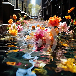 Floating flowers on a sidewalk in vibrant colors