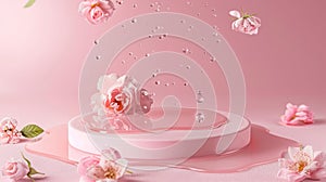 Floating flowers and water drops on a pink background
