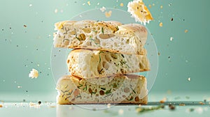 Floating Focaccia Slices with Rosemary. Generative ai photo