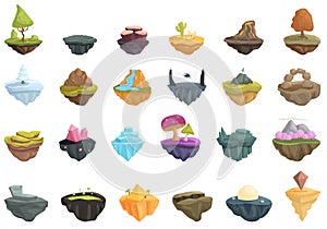 Floating game island icons set cartoon vector. Land fantasy platform